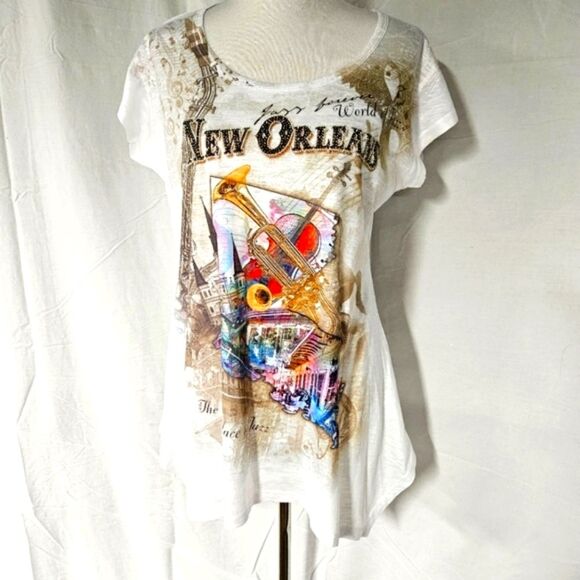 New Orleans Birth Place of Jazz Embellished Burnout Scoop Neck Drape Tee Shirt - Picture 1 of 15